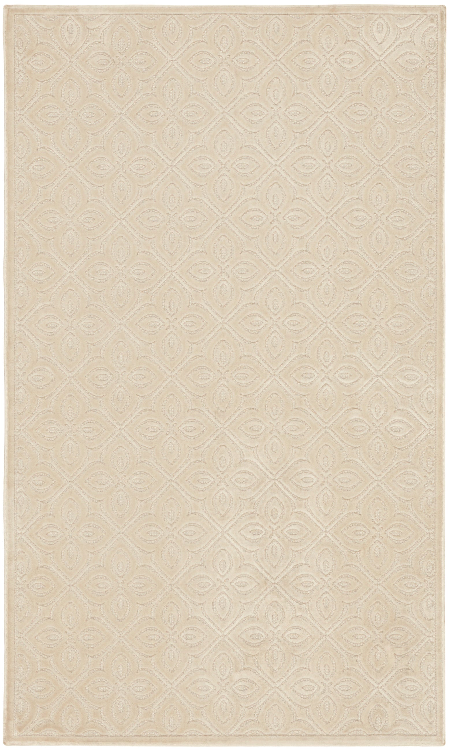 Beige rectangular rug with subtle embossed diamond pattern and circular motifs; soft, neutral living-room rug.