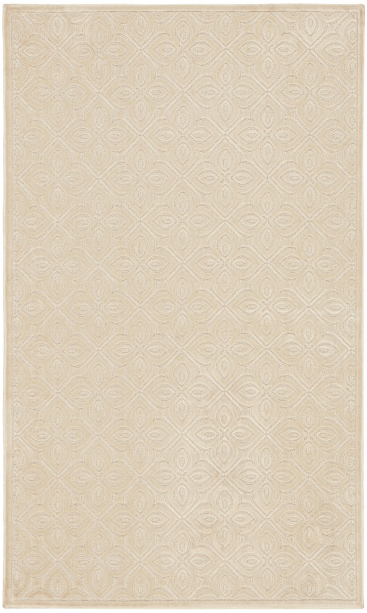 Beige rectangular rug with subtle embossed diamond pattern and circular motifs; soft, neutral living-room rug.