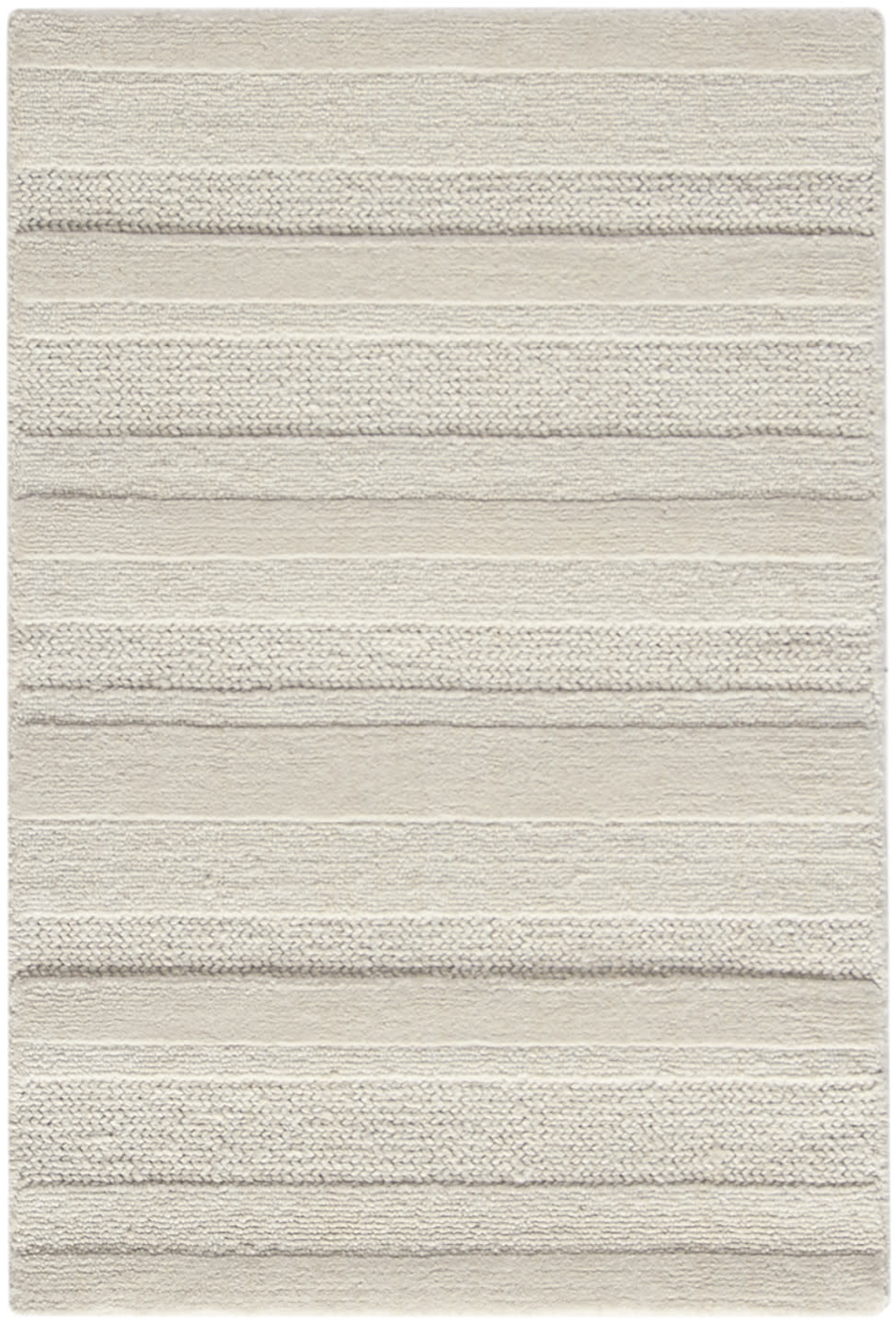 Beige rectangular rug with alternating textured horizontal stripes and plush pile.