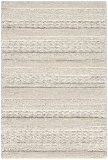 Beige rectangular rug with alternating textured horizontal stripes and plush pile.