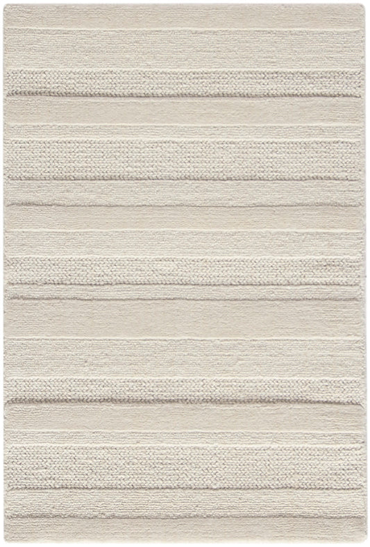 Beige rectangular rug with alternating textured horizontal stripes and plush pile.