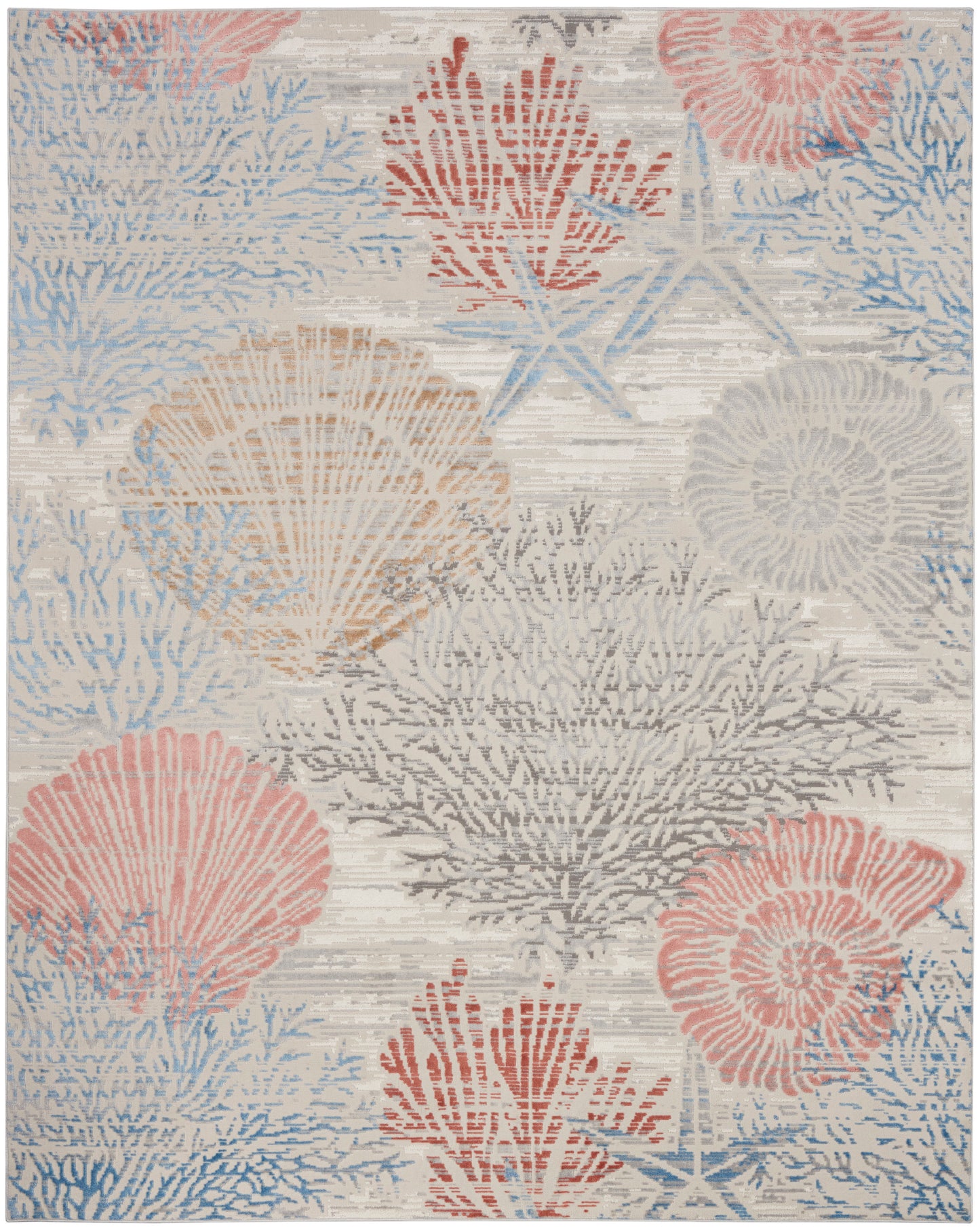 Coastal coral reef patterned area rug in pink, coral, blue and gray on light beige with a textured woven look.