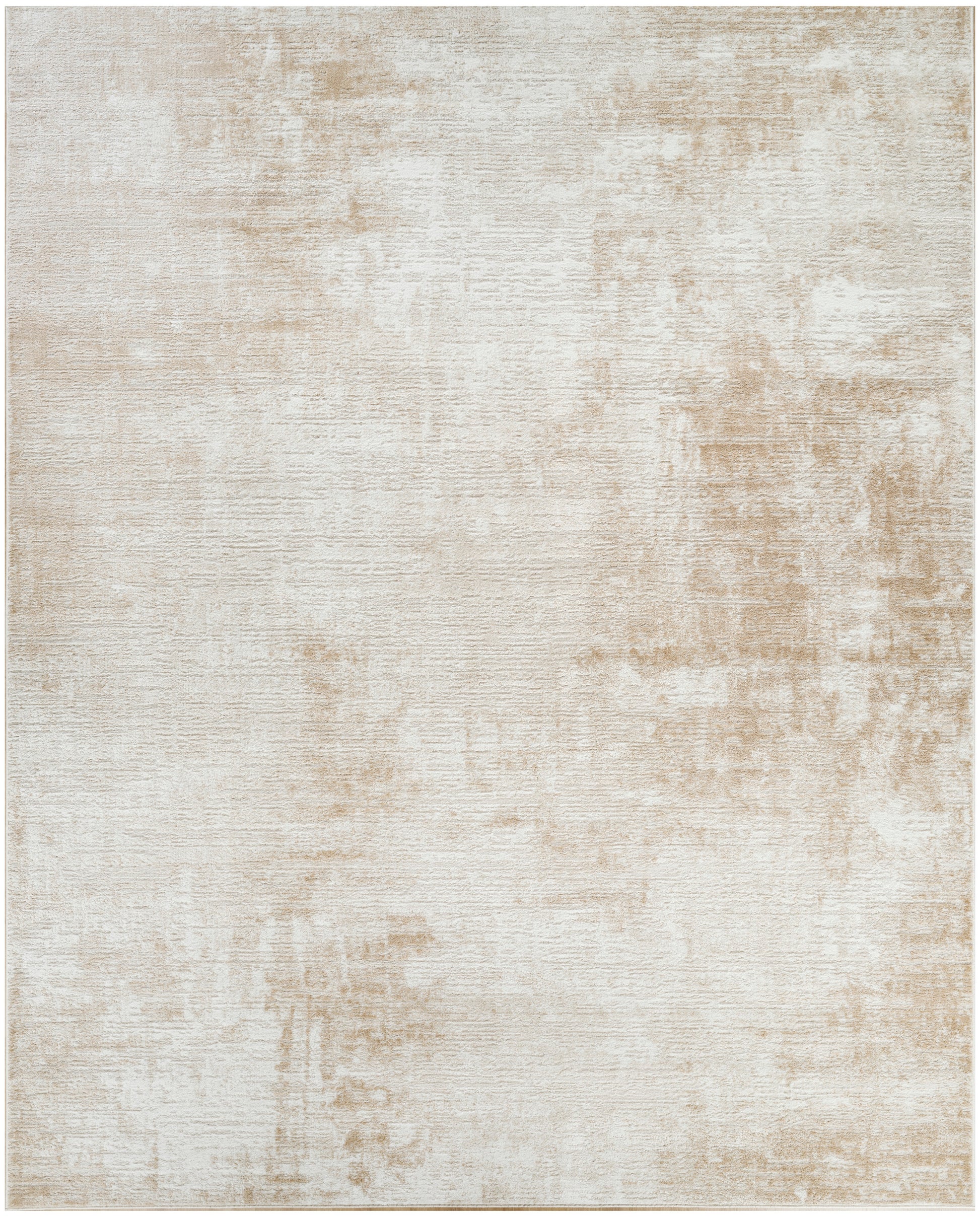 Beige distressed area rug with cream and tan abstract pattern and soft woven texture.