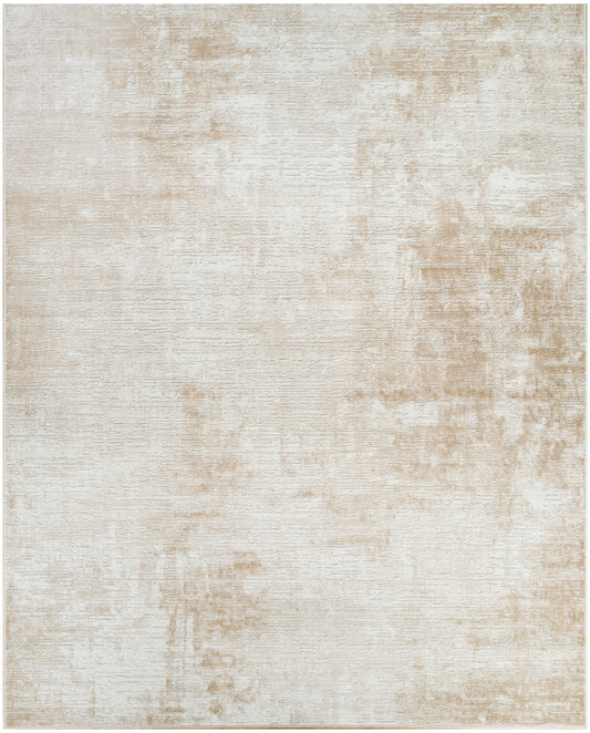 Beige distressed area rug with cream and tan abstract pattern and soft woven texture.