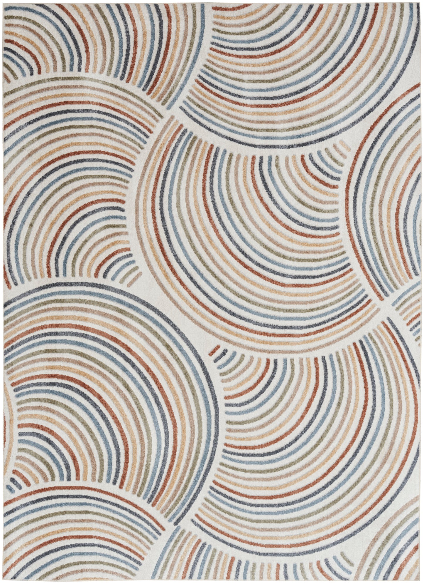 Abstract circular arc rug with concentric bands in orange, blue, & gray on cream background; modern geometric floor throw.