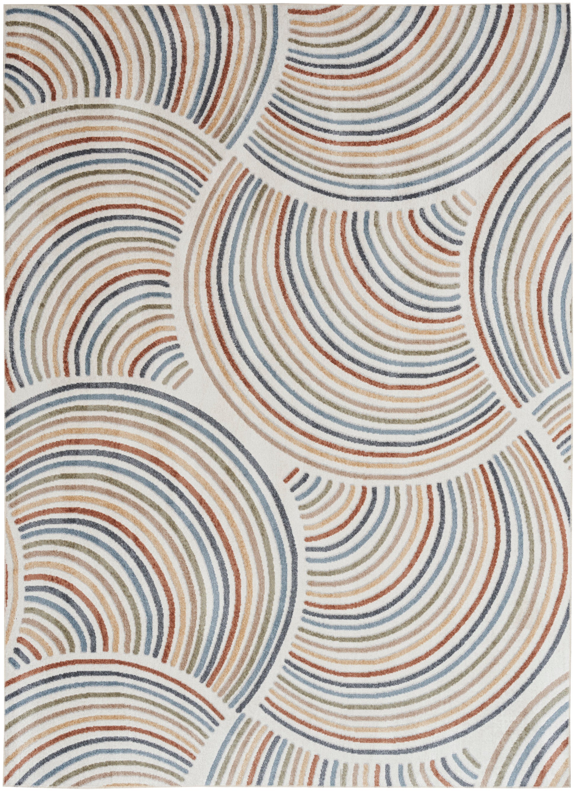 Abstract circular arc rug with concentric bands in orange, blue, & gray on cream background; modern geometric floor throw.