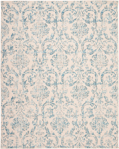 Beige rug with blue damask floral scrolling pattern, vintage ornate style.