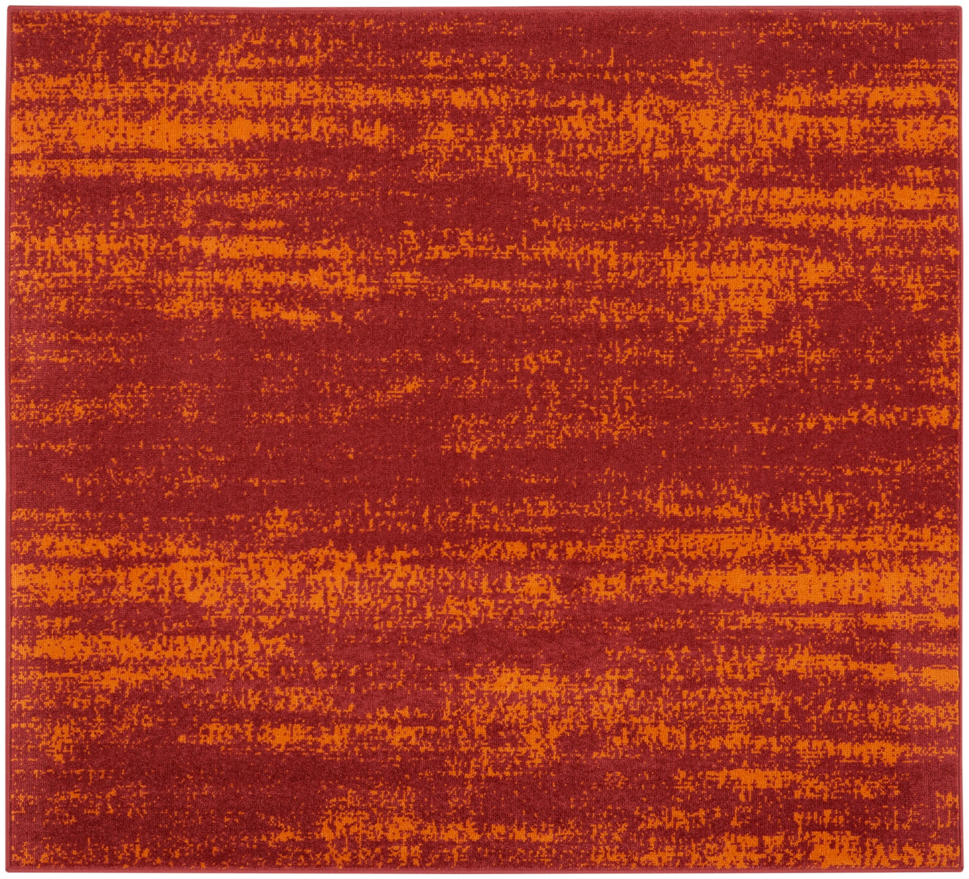 Orange and maroon distressed abstract rug with painterly bands for a modern living space.