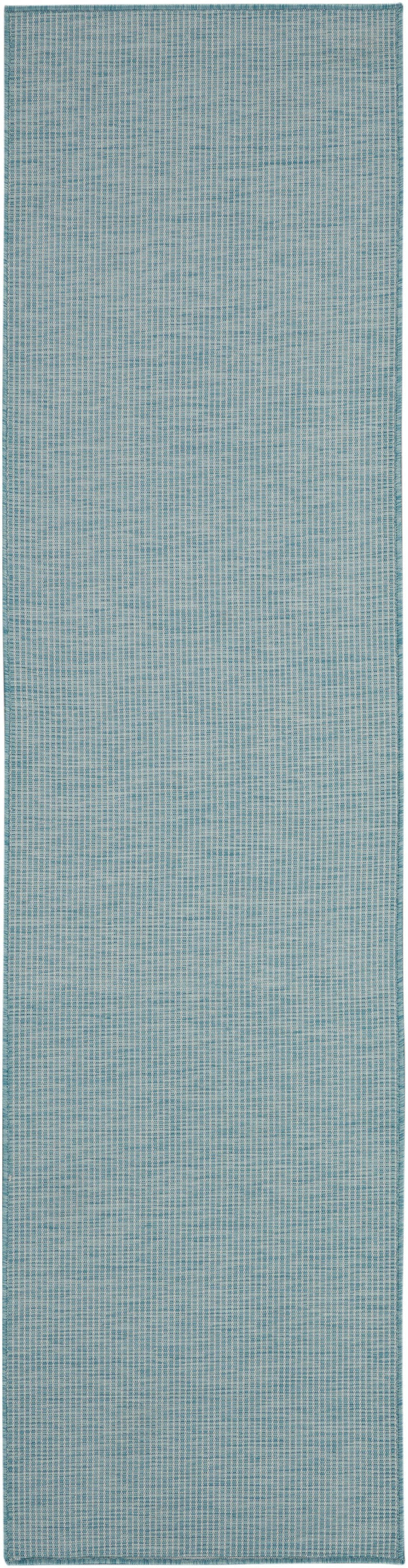 Teal woven rug runner with subtle micro-striped texture & fine grid pattern; long hall runner.