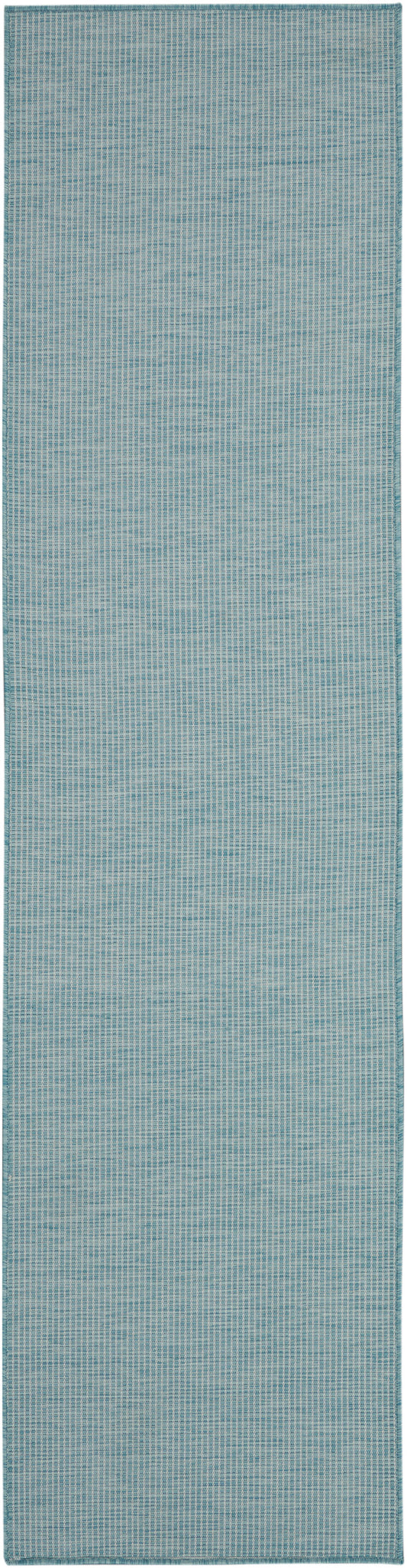 Teal woven rug runner with subtle micro-striped texture & fine grid pattern; long hall runner.