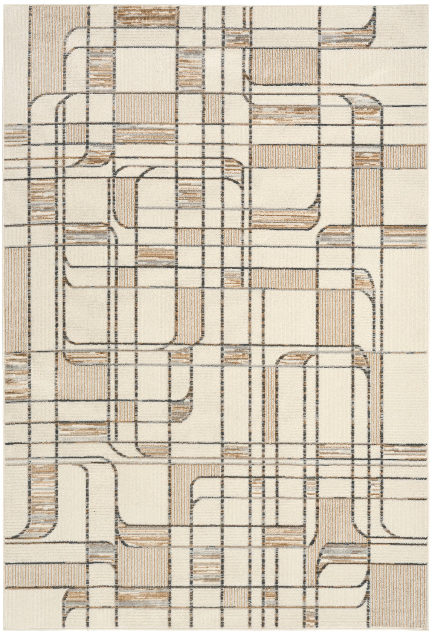 Abstract geometric rug with cream base, black grid lines, and tan-textured blocks.