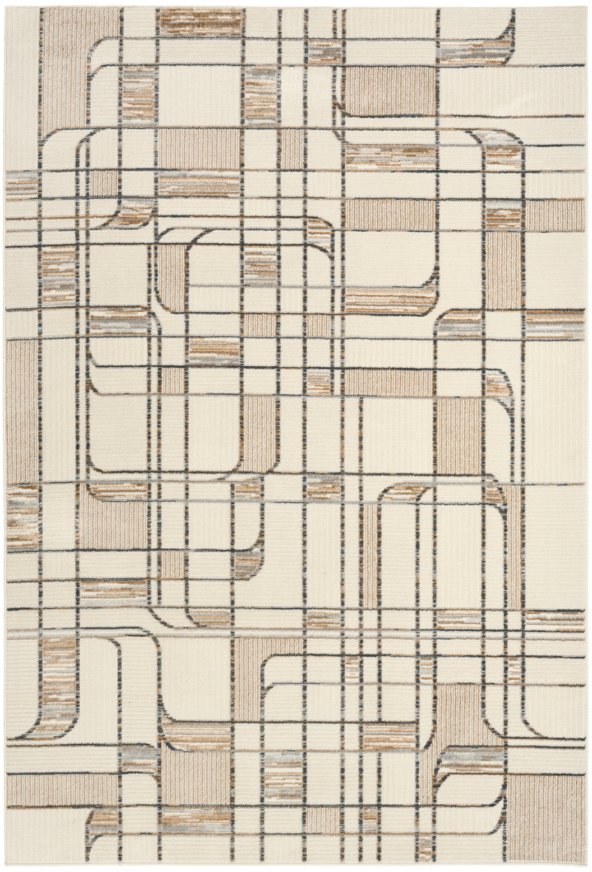 Abstract geometric rug with cream base, black grid lines, and tan-textured blocks.