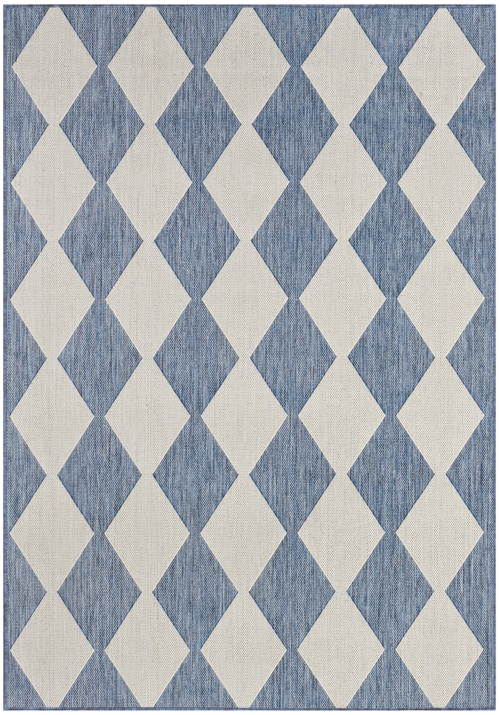 Blue textured rug with cream-beige diamond pattern in a repeating trellis design.