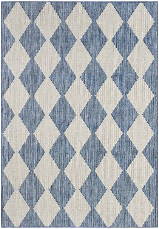 Blue textured rug with cream-beige diamond pattern in a repeating trellis design.