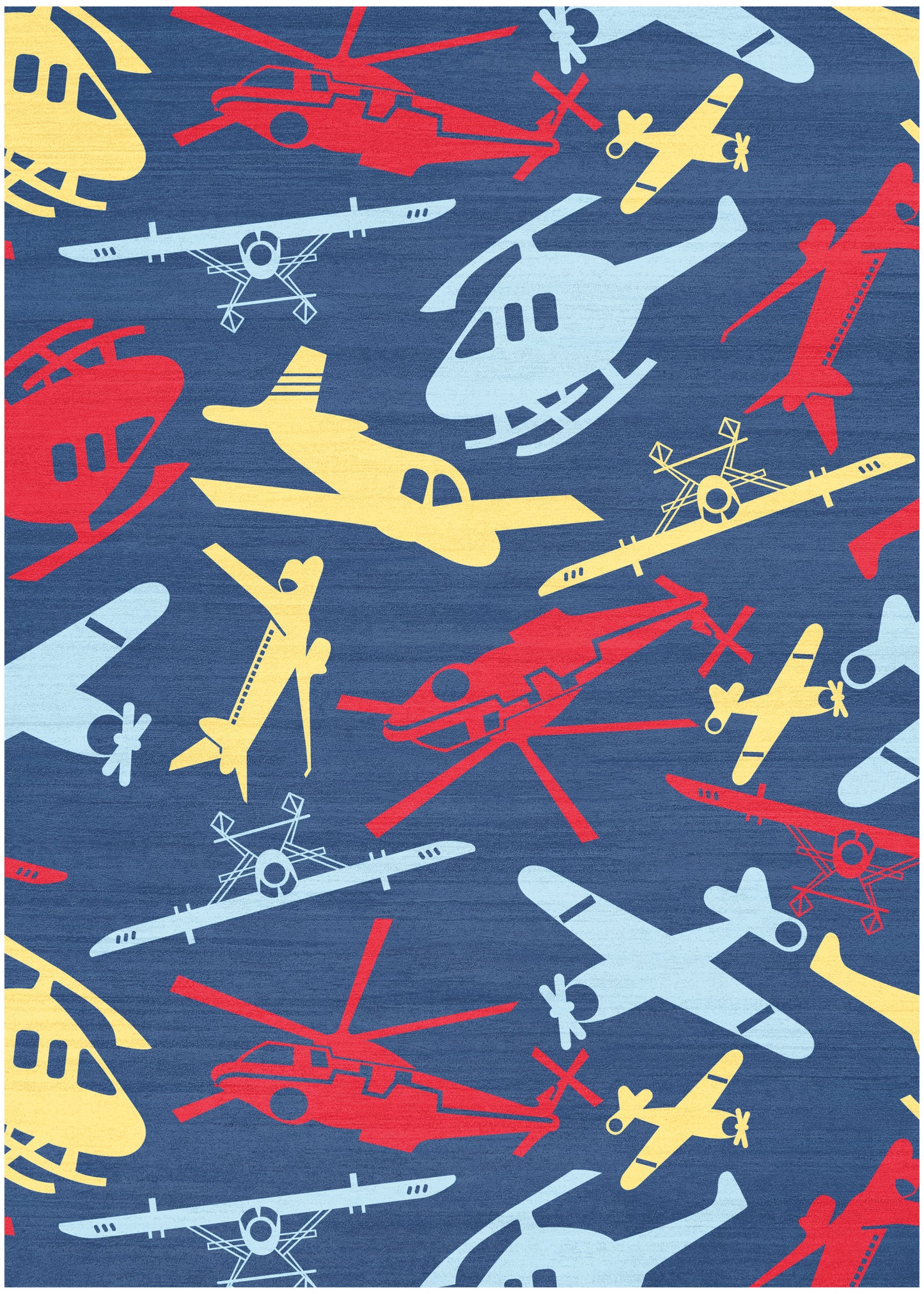 Navy blue rug featuring red, yellow, and light-blue aircraft silhouettes (helicopters and planes) in a playful pattern, 5' x 7'.