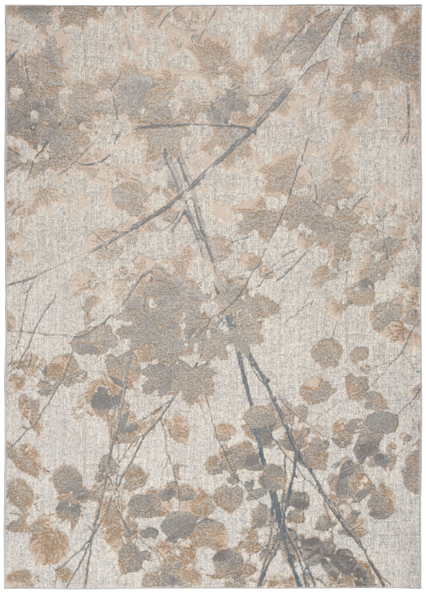 Neutral beige-gray rug with abstract leaf and branch pattern, soft textured surface.
