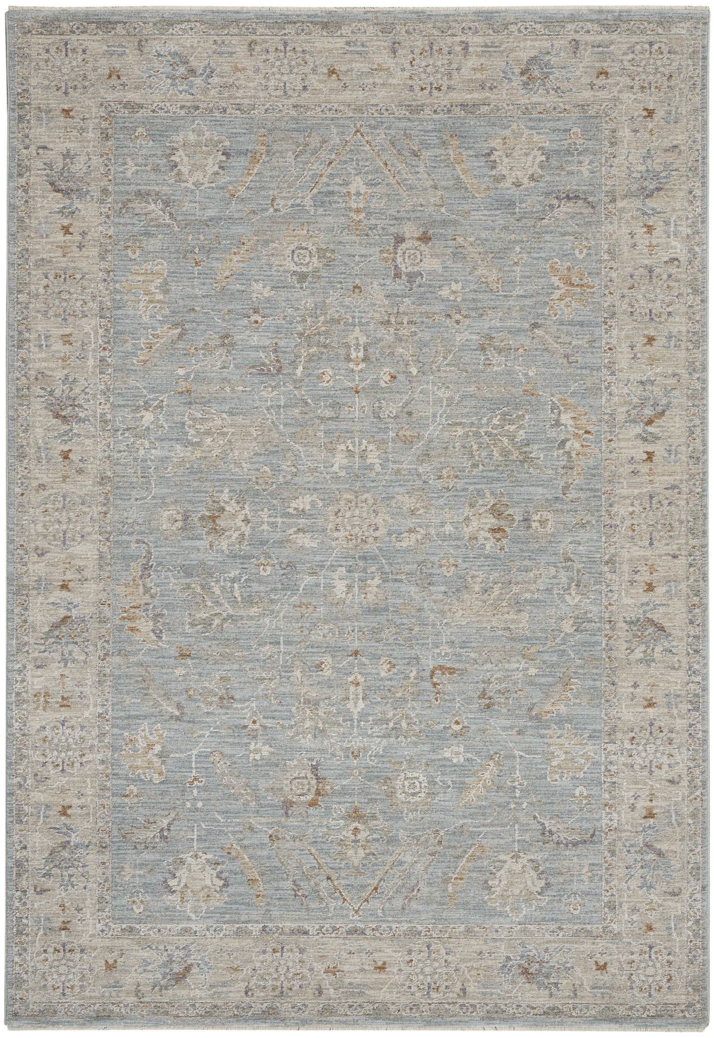 Light blue traditional area rug with ivory floral motifs and a pale beige border.