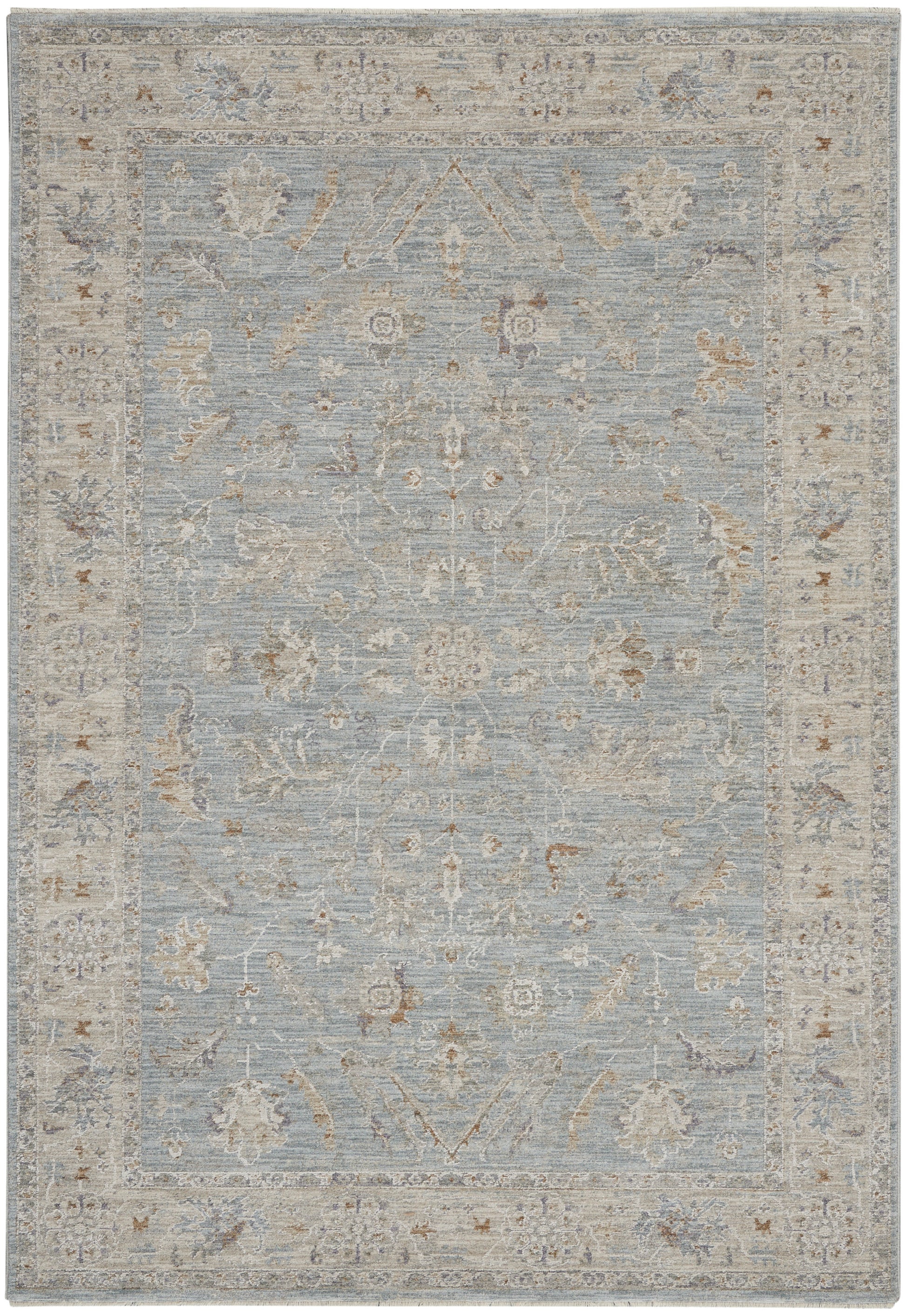 Light blue traditional area rug with ivory floral motifs and a pale beige border.