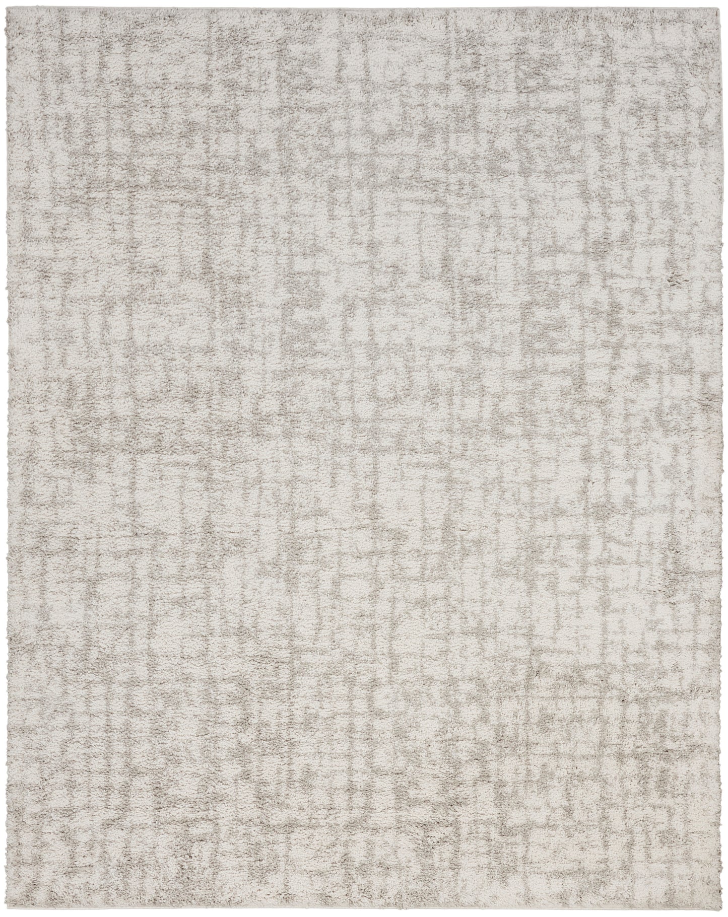 Light beige and gray abstract textured area rug with soft plush pile, contemporary distressed pattern.