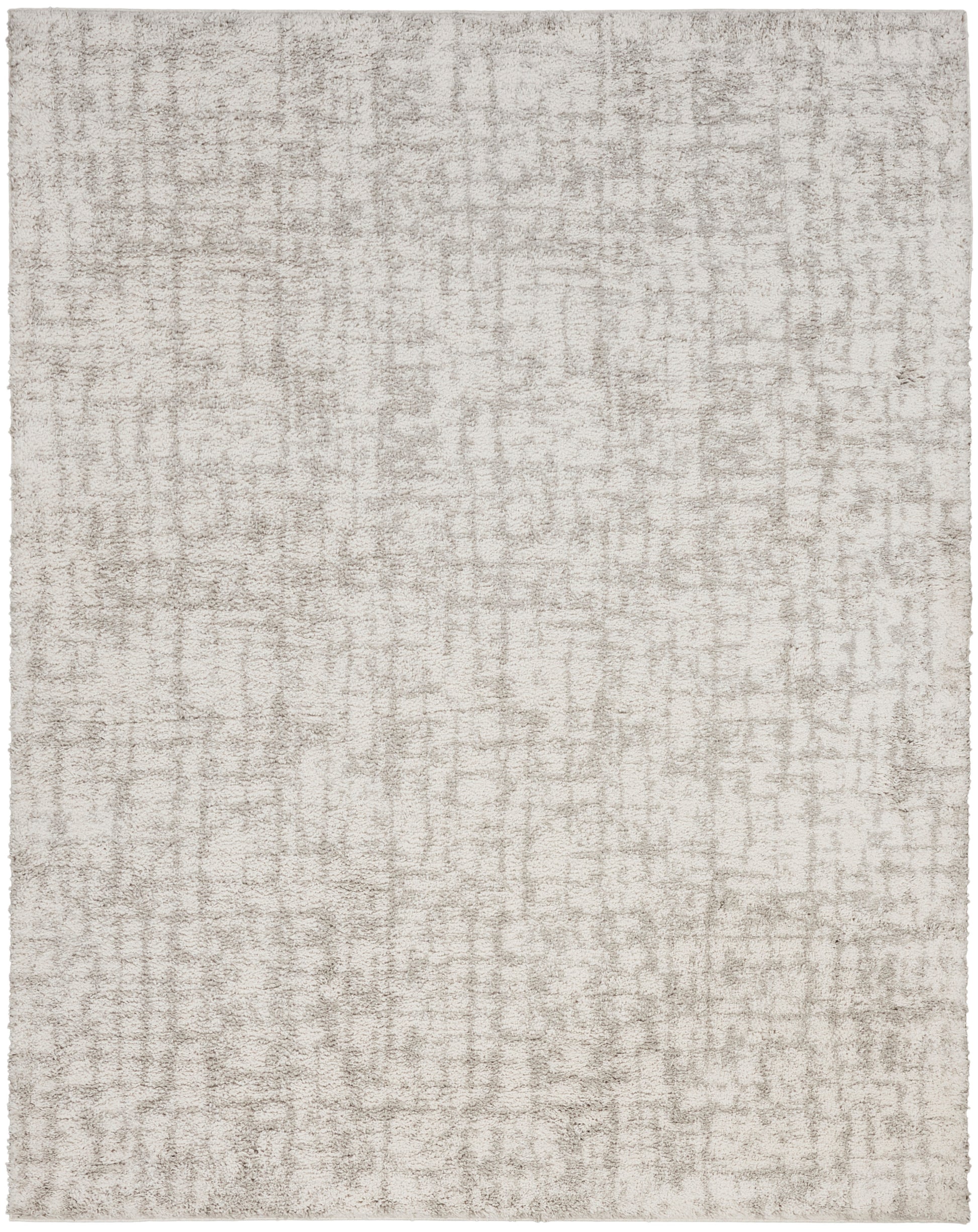 Light beige and gray abstract textured area rug with soft plush pile, contemporary distressed pattern.