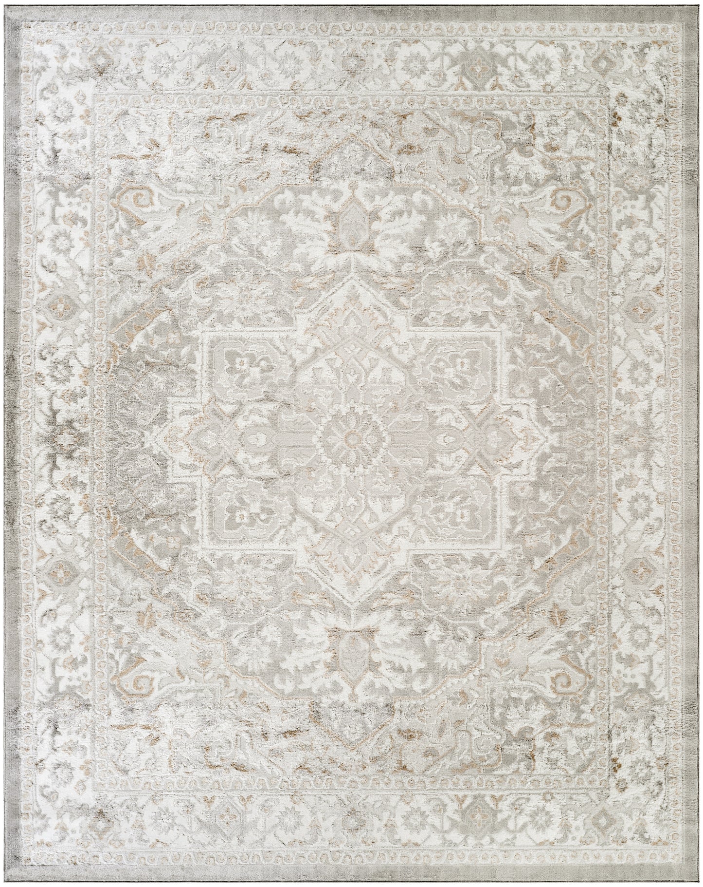 Rectangular vintage-style area rug in cream, beige & gray with a central medallion and ornate floral border.
