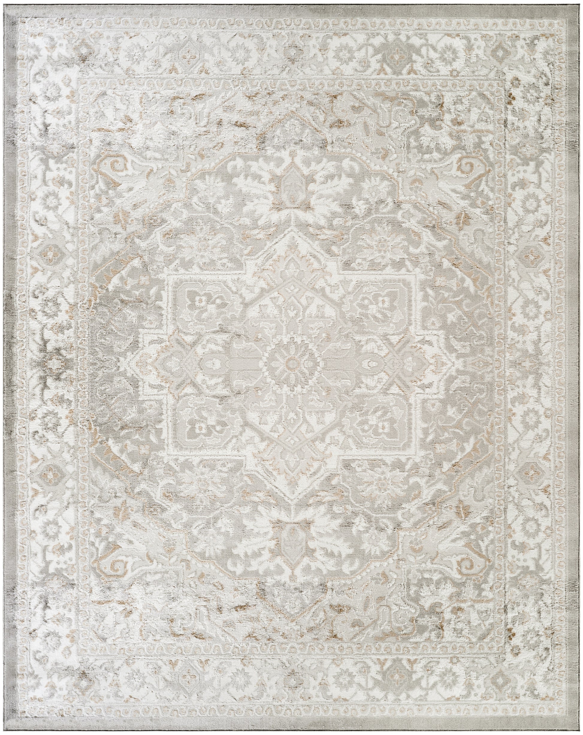 Rectangular vintage-style area rug in cream, beige & gray with a central medallion and ornate floral border.