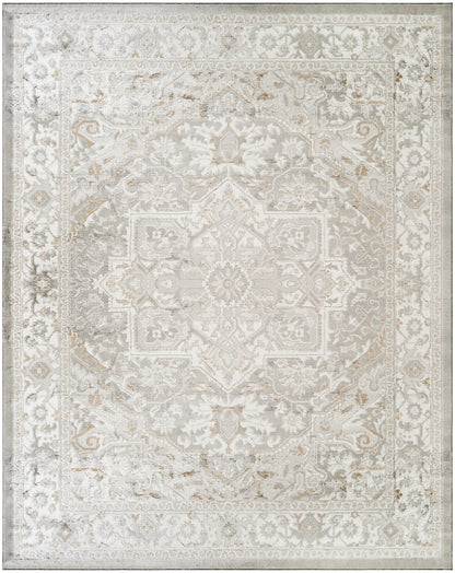 Rectangular vintage-style area rug in cream, beige & gray with a central medallion and ornate floral border.