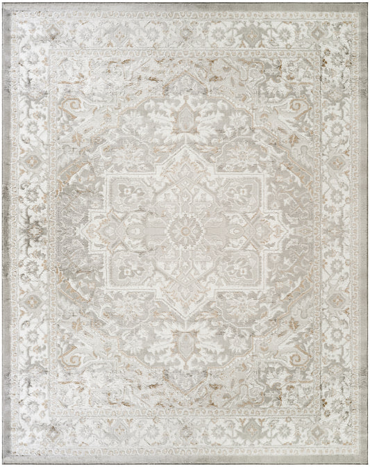 Rectangular vintage-style area rug in cream, beige & gray with a central medallion and ornate floral border.