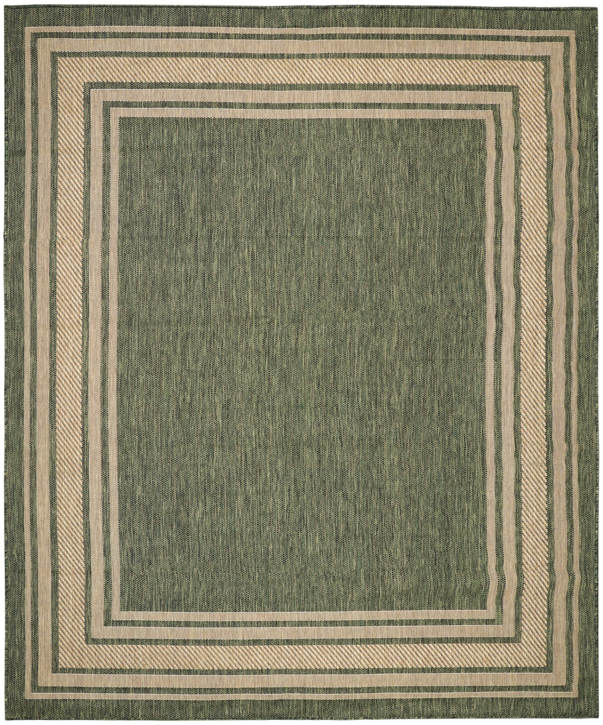 Olive green area rug with cream nested rectangular borders and a textured weave.