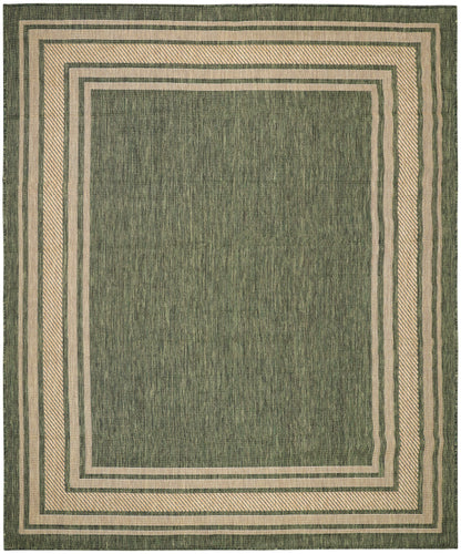 Olive green area rug with cream nested rectangular borders and a textured weave.