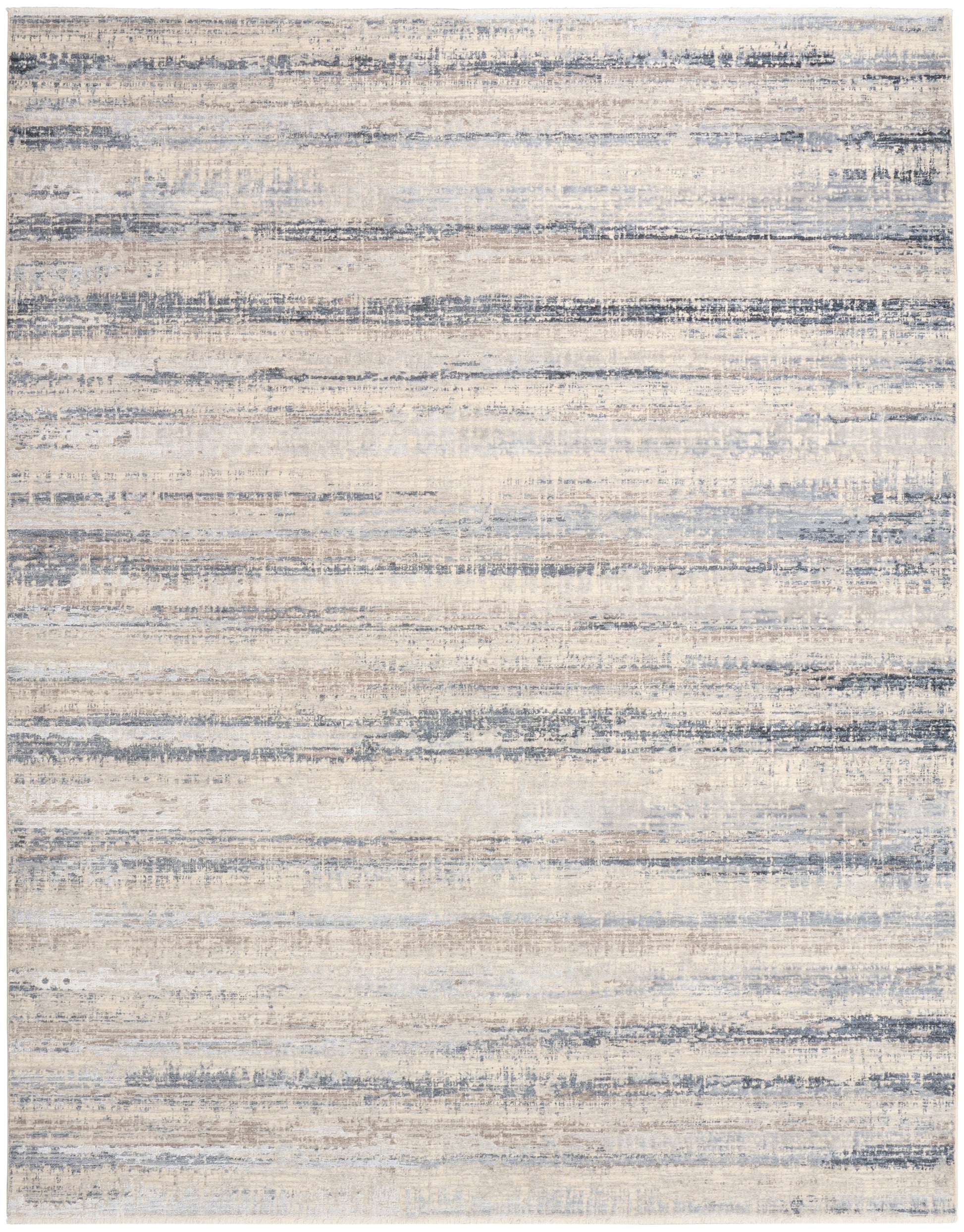 Rectangular area rug with cream, beige and blue-gray distressed horizontal stripes.