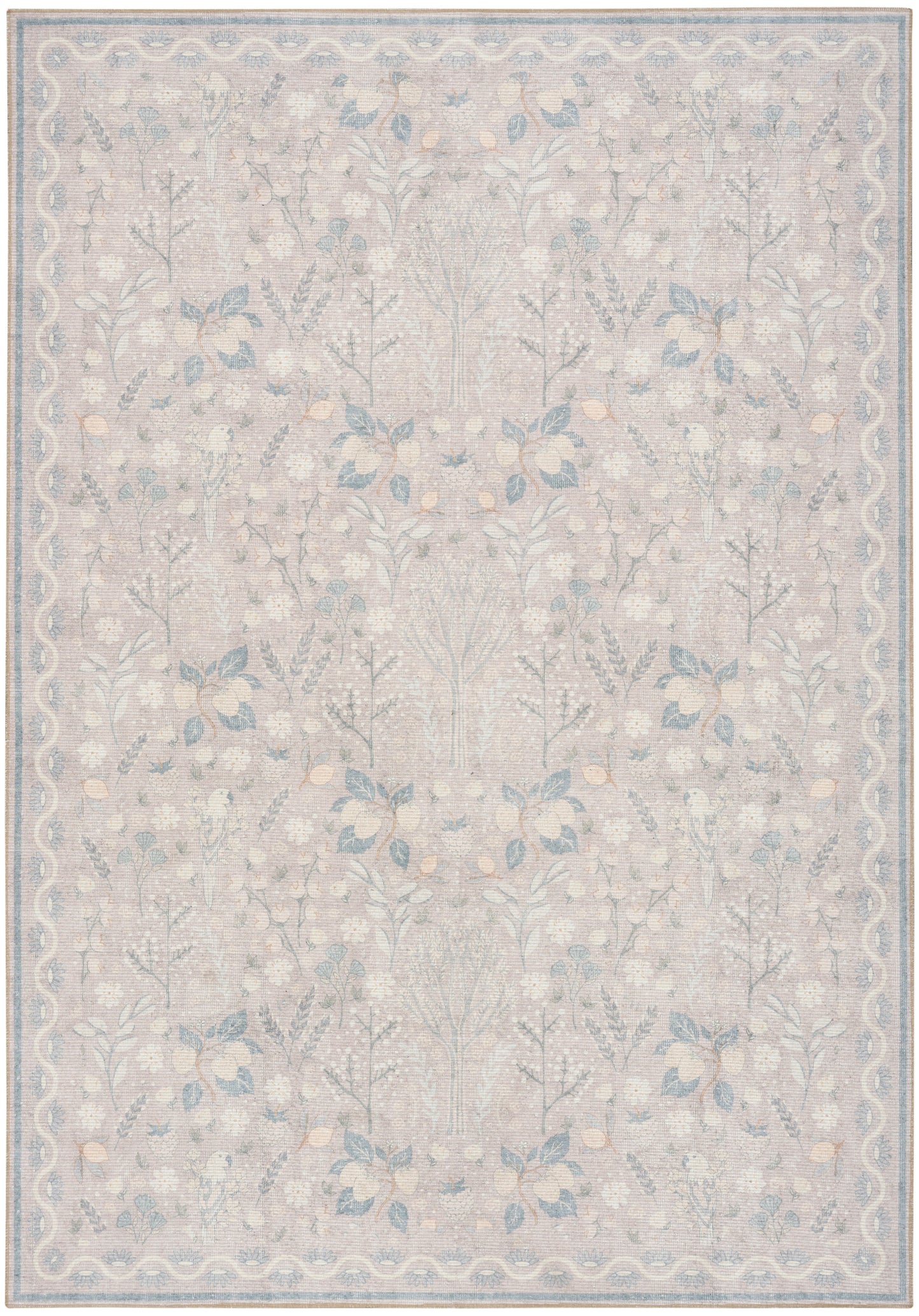 Rectangular area rug with ivory base and pale blue floral vine motif; modern design with a border.
