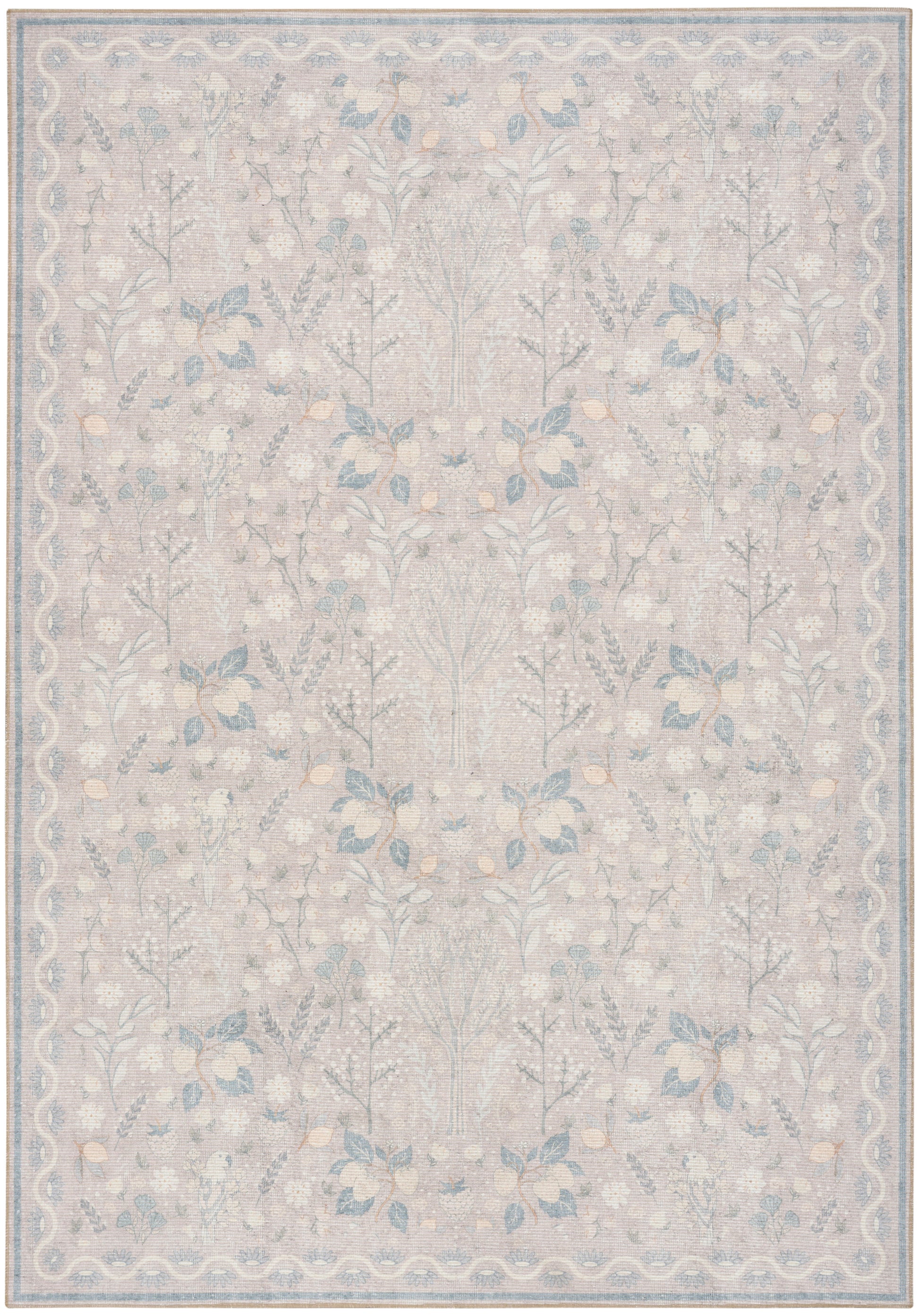 Rectangular area rug with ivory base and pale blue floral vine motif; modern design with a border.