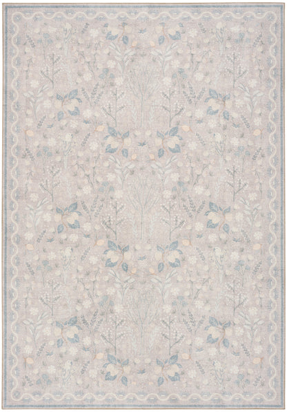 Rectangular area rug with ivory base and pale blue floral vine motif; modern design with a border.