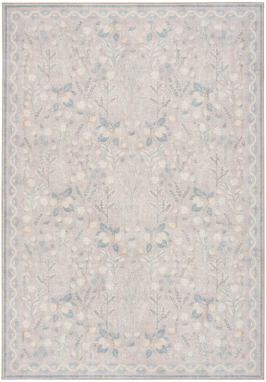 Rectangular area rug with ivory base and pale blue floral vine motif; modern design with a border.