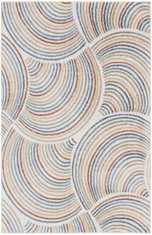 Abstract area rug with overlapping concentric arcs in blue, orange & beige tones; textured woven pattern.