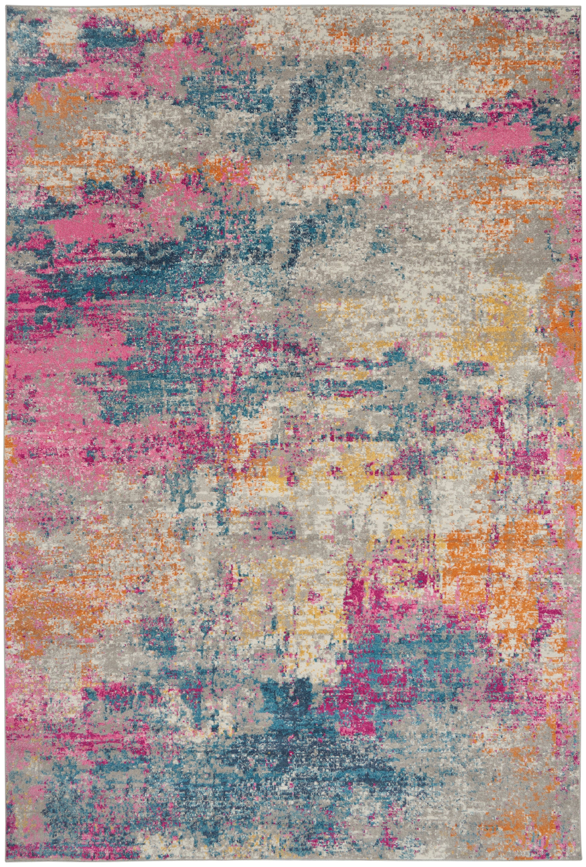 Rectangular area rug with a distressed abstract blotch pattern in pink, teal, orange, beige and gray.