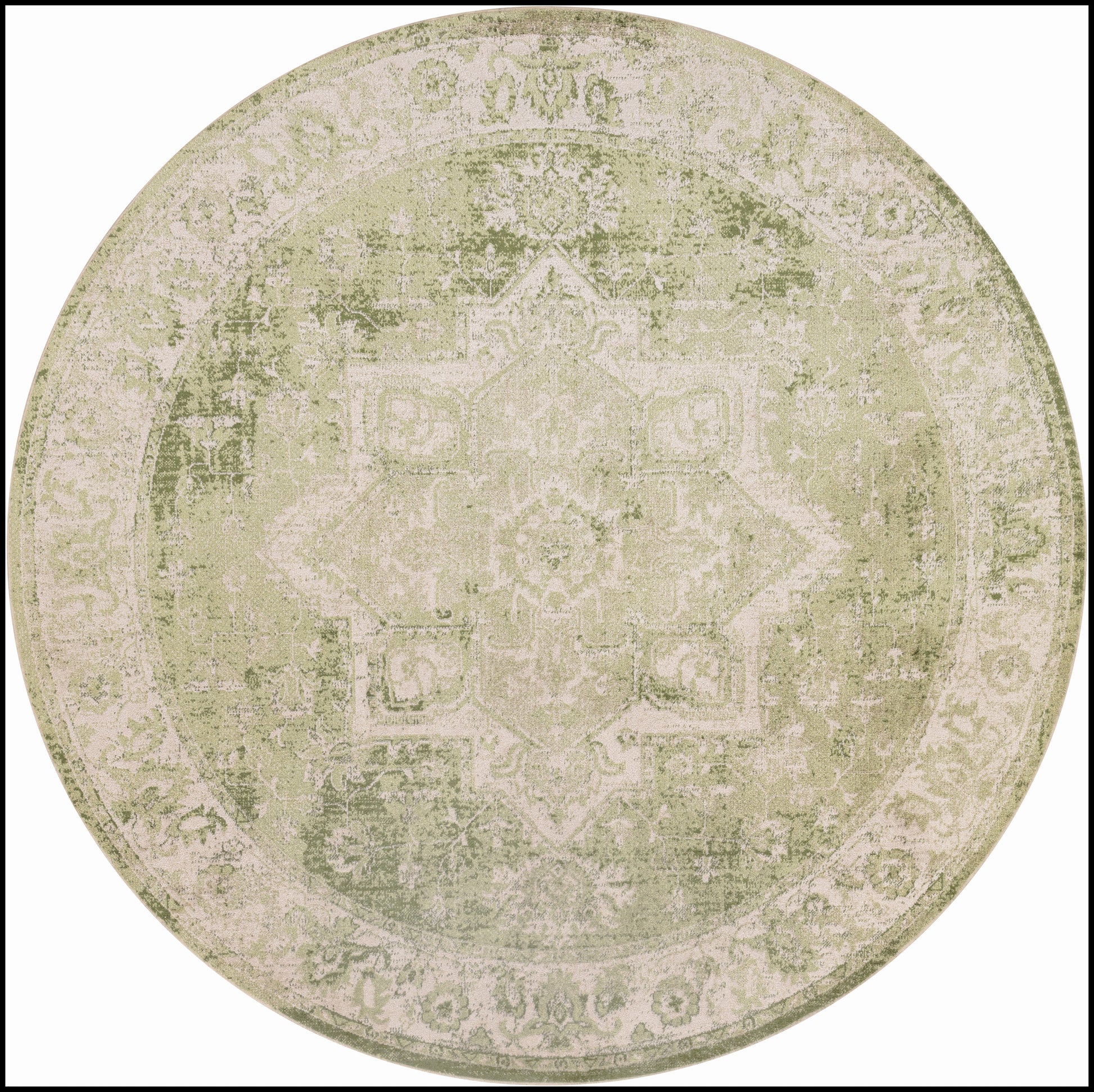 Round distressed sage-green Oriental rug with faded cream medallion; vintage style, soft muted colors.