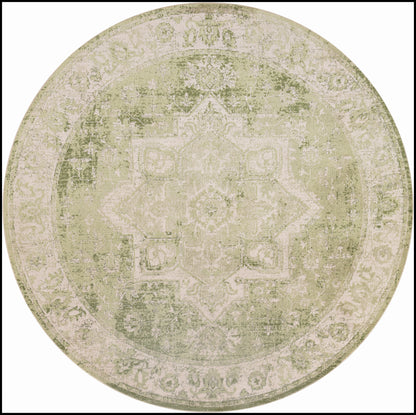 Round distressed sage-green Oriental rug with faded cream medallion; vintage style, soft muted colors.