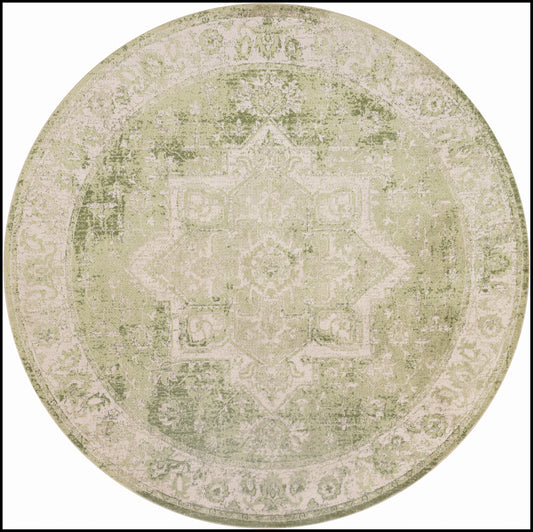 Round distressed sage-green Oriental rug with faded cream medallion; vintage style, soft muted colors.