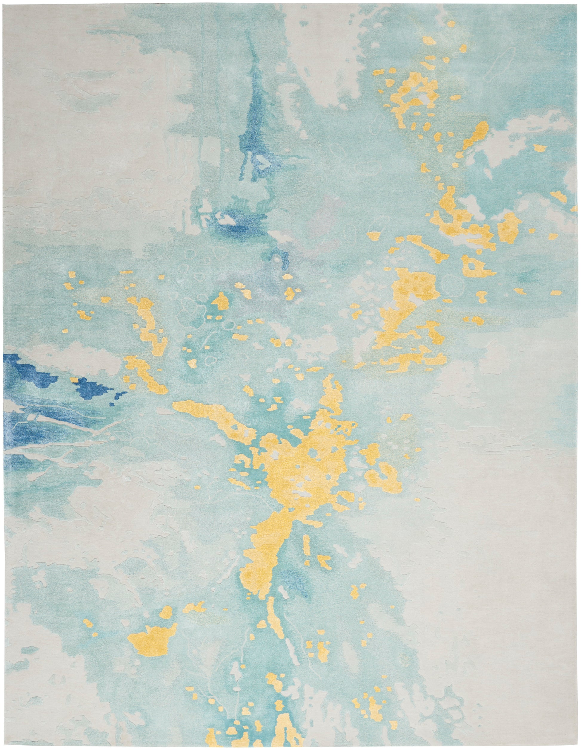 Abstract aqua and teal rug with gold metallic splatters on a pale ivory background; modern watercolor-inspired design.