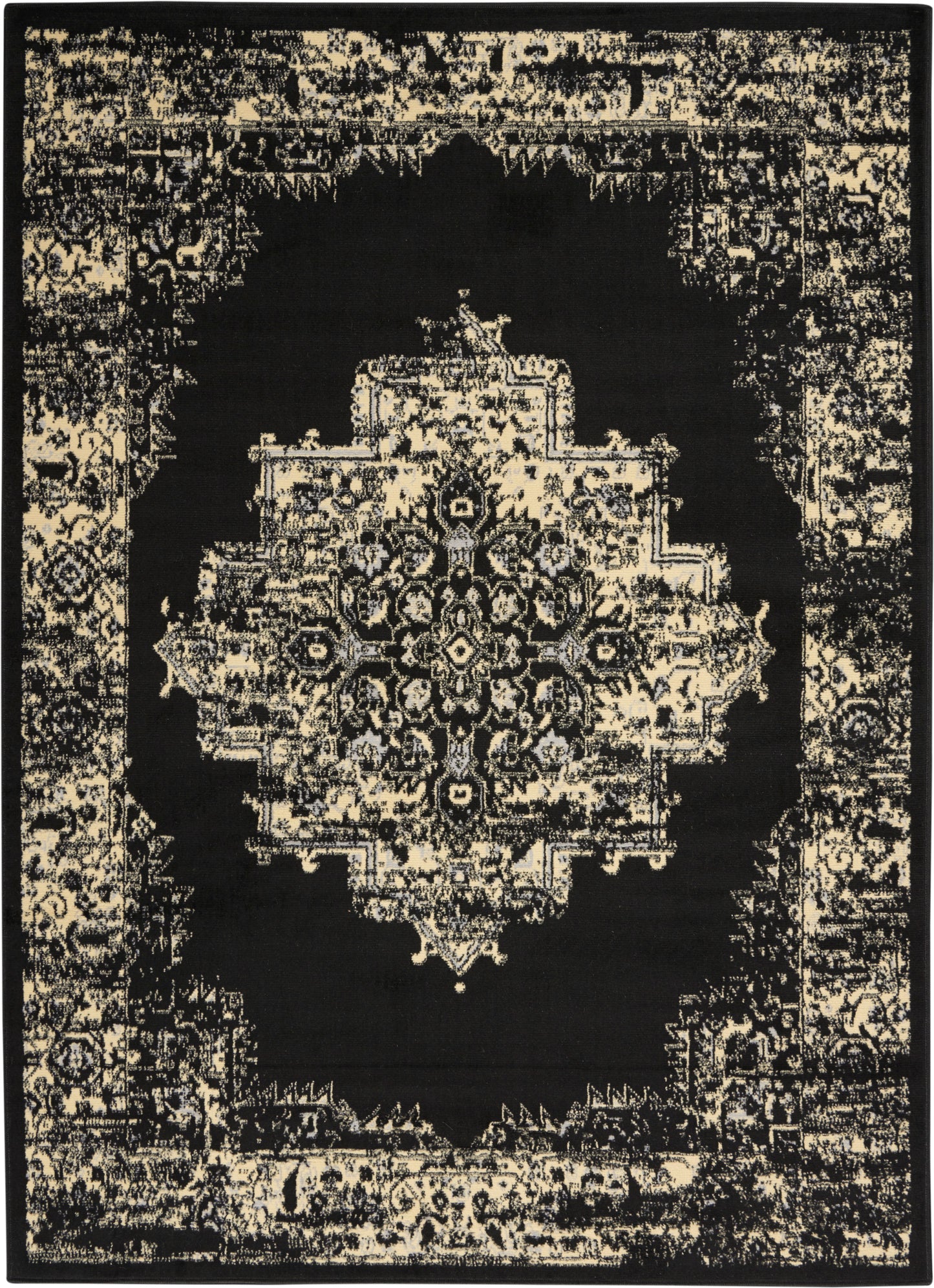 Black distressed oriental area rug with ivory central medallion and ornate border; vintage Persian-inspired pattern.