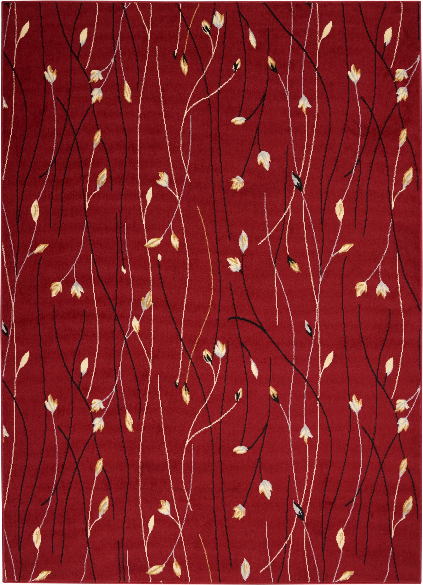 Red modern area rug with twisting vine lines in black and white and small cream and pale yellow leaves.