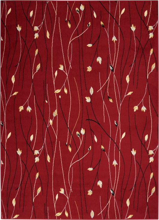 Red modern area rug with twisting vine lines in black and white and small cream and pale yellow leaves.