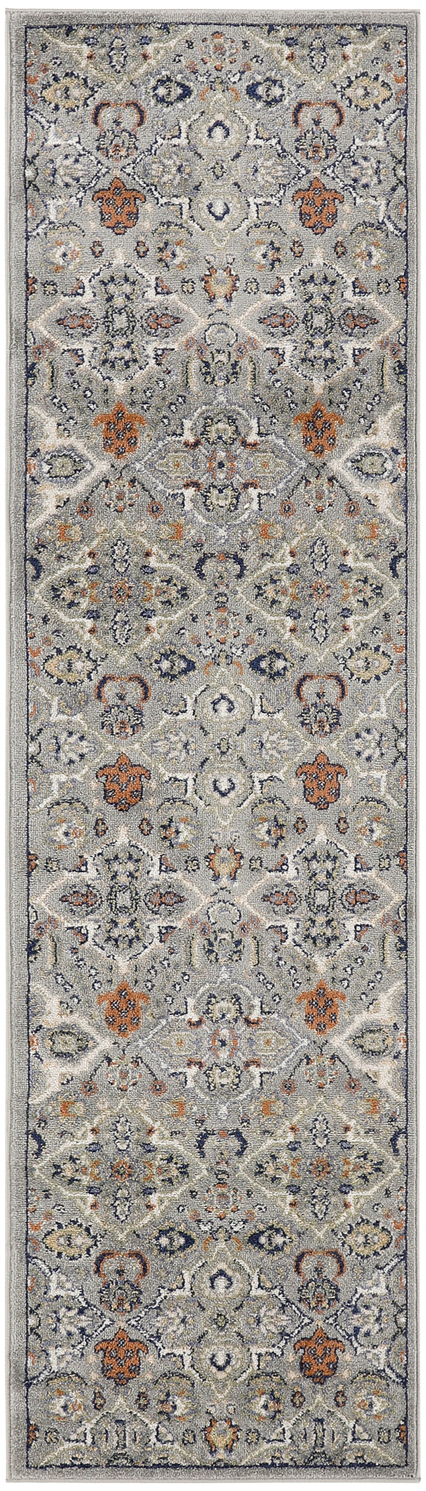Long Persian-style runner rug in gray-blue with ivory, navy and rust floral motifs; distressed pile for hallway decor.