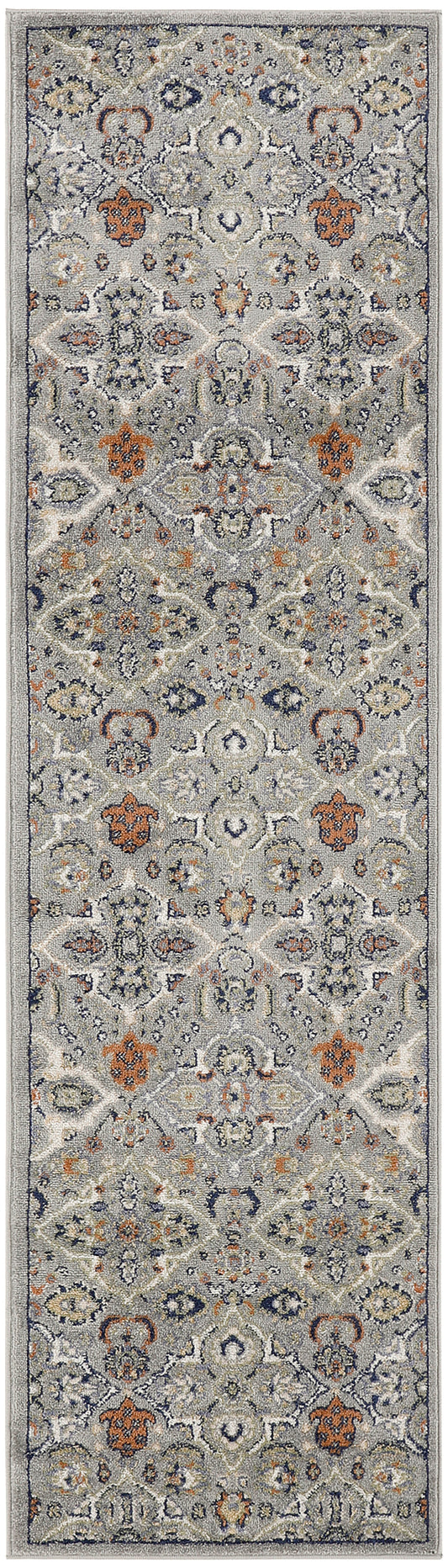 Long Persian-style runner rug in gray-blue with ivory, navy and rust floral motifs; distressed pile for hallway decor.