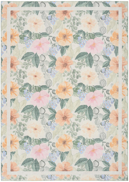 Watercolor floral rug with peach/orange and pink flowers, pale blue blooms, green leaves on ivory, peach border.
