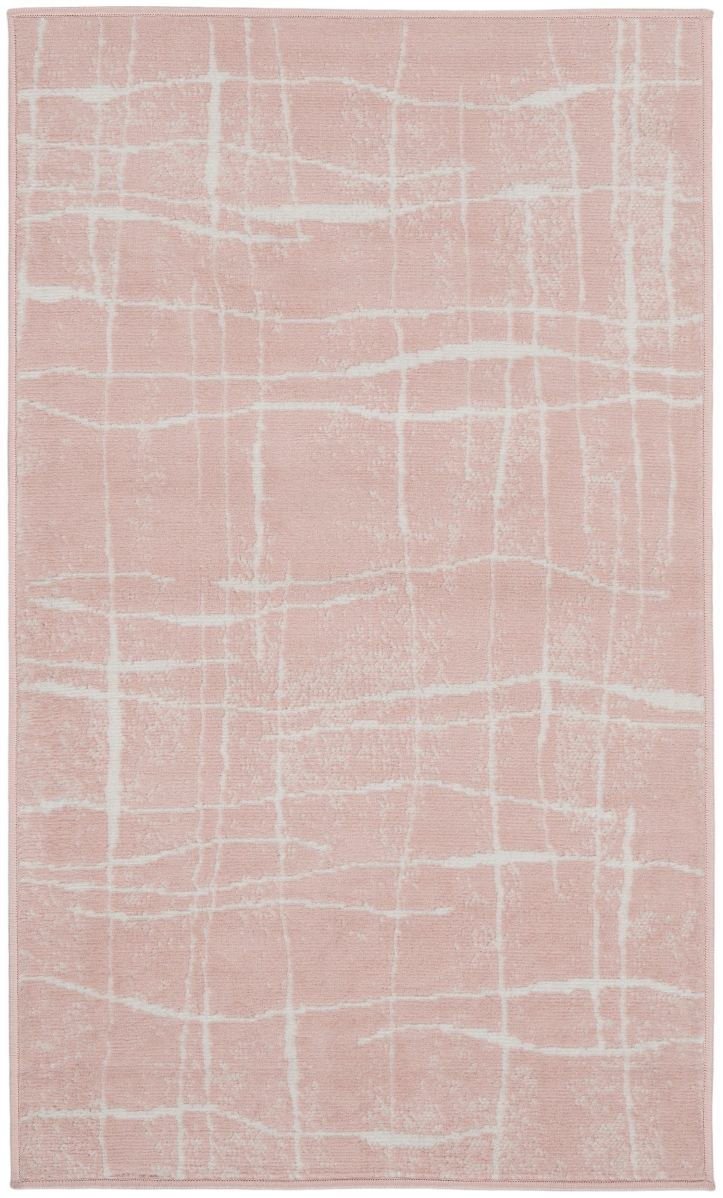 Soft pink rectangular rug with white abstract grid lines; plush texture, modern decor.