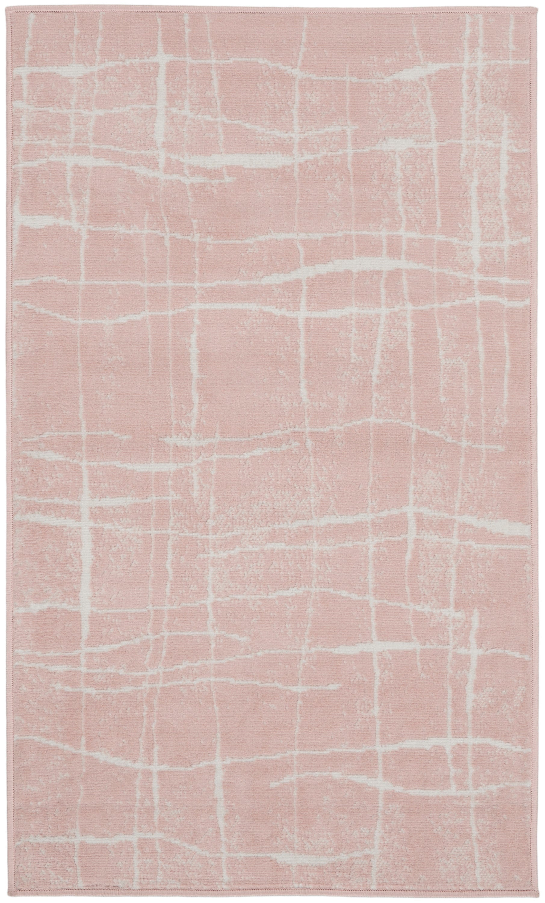 Soft pink rectangular rug with white abstract grid lines; plush texture, modern decor.