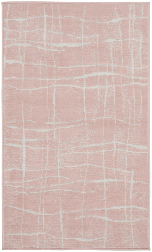 Soft pink rectangular rug with white abstract grid lines; plush texture, modern decor.